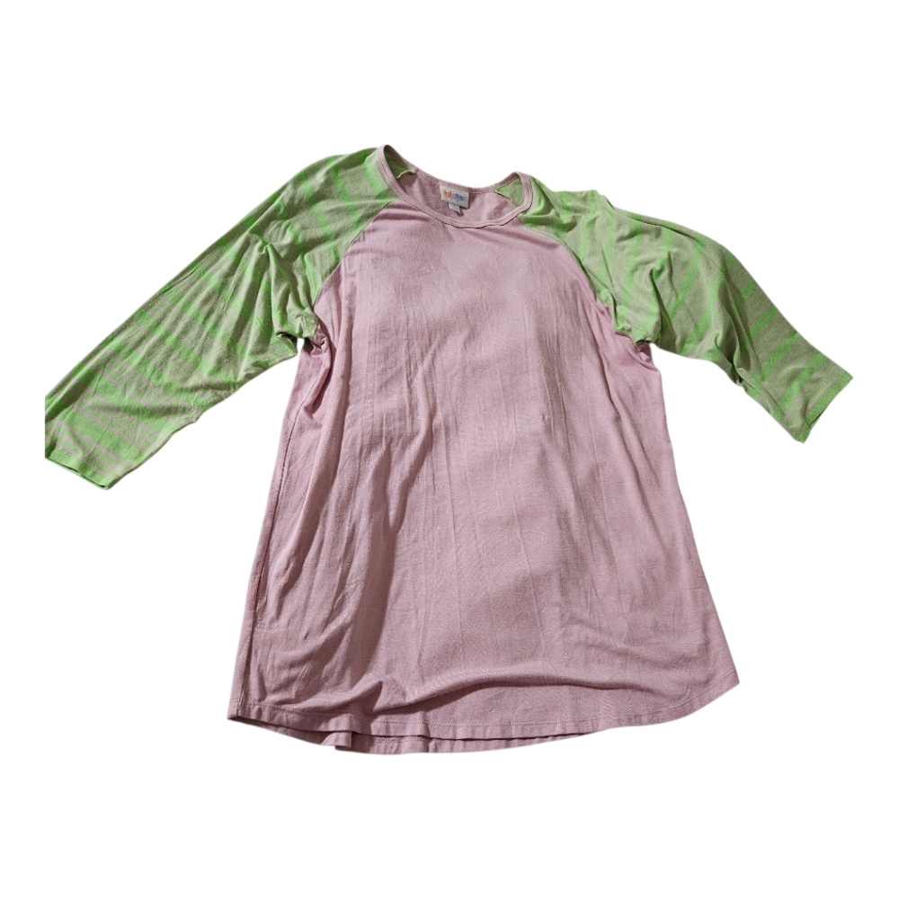 Lularoe Randy Tee NWT Size Large Pink And Green Stripe Raglan Sleeve Top